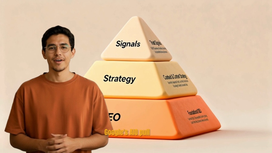 Avatar speaker with a graphic design background of a triangle of "signals", "strategy" and "seo" representing triangle of visibility in generative engines - AI explainer videos