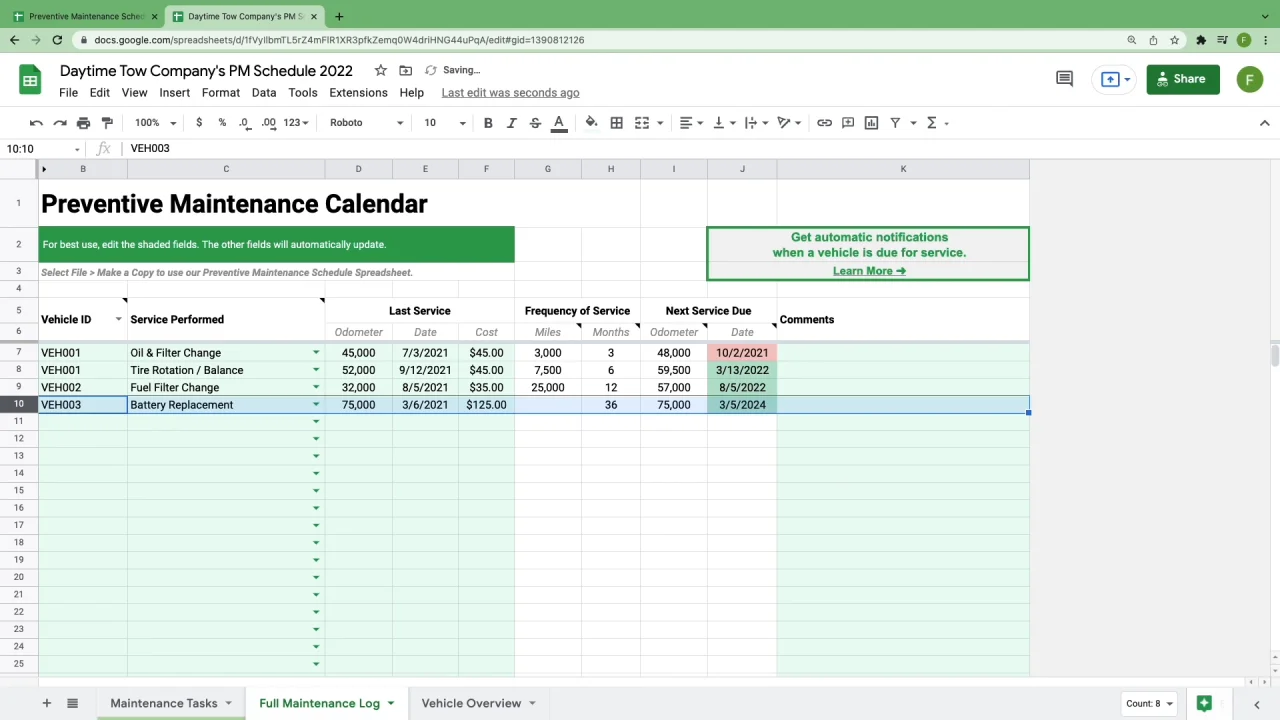 maintenance checklist template excel