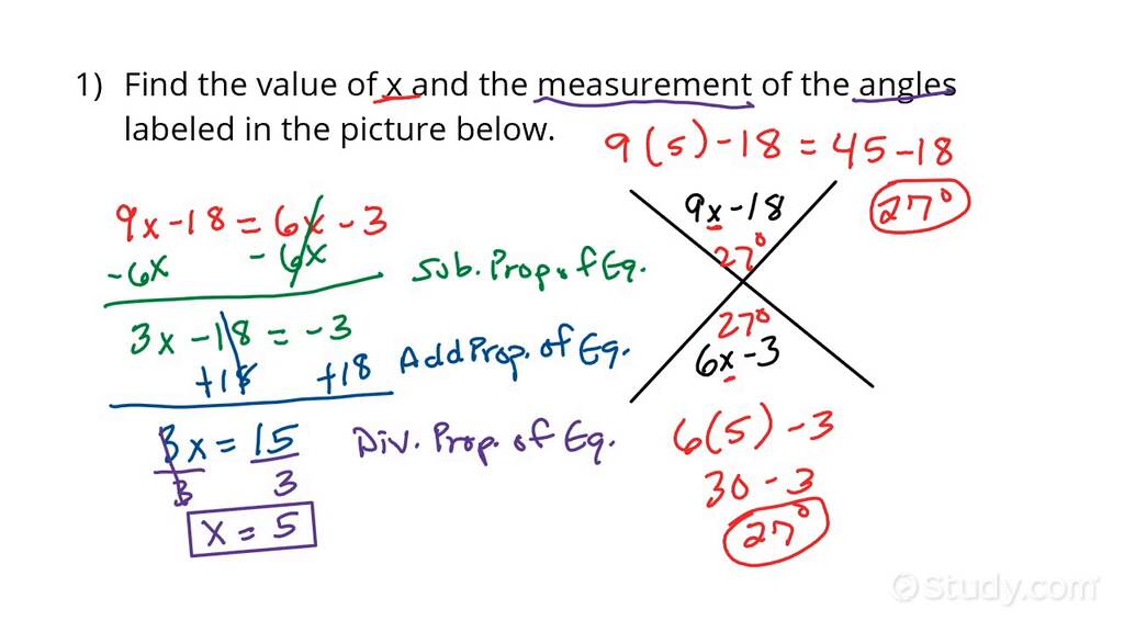 How to Solve Equations Involving Vertical Angles | Algebra | Study.com