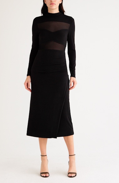 mesh inset long sleeve midi dress Long Sleeve Mesh Insert Midi Dress Red