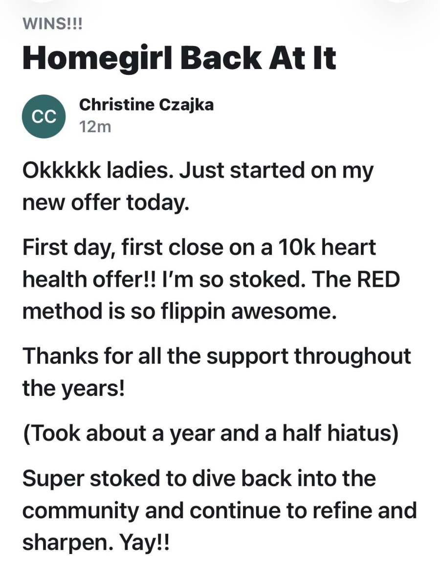 Client win: Closed Her First Day Back
