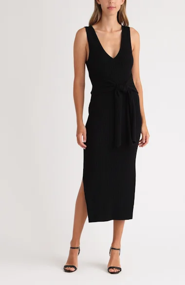 good american ribbed midi dress Good American Lilac Ribbed Knit Belted Waist Bodycon Sleeveless Midi Dress