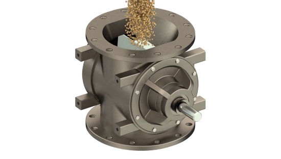 A 3D view of material flow in an MD Series rotary airlock valve