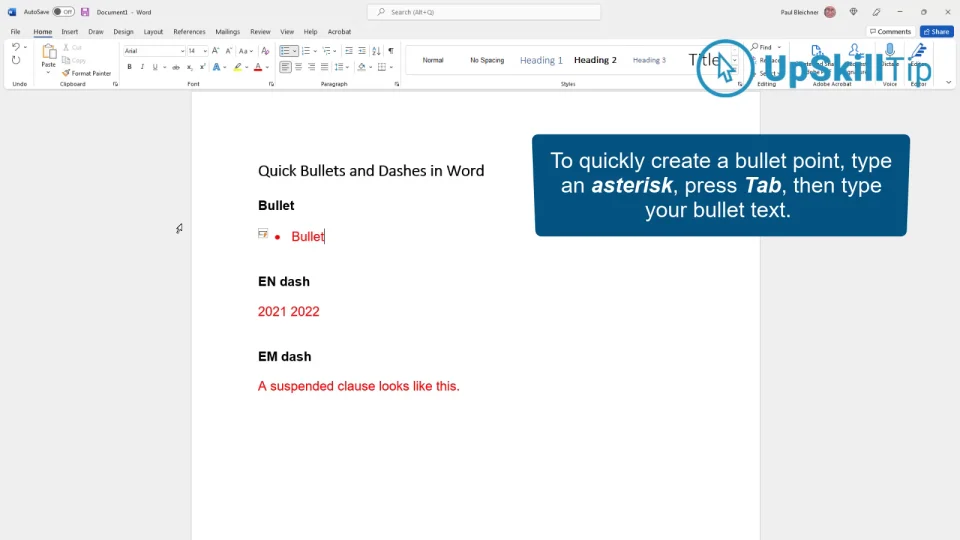Quick Bullet - Dashes In Word
