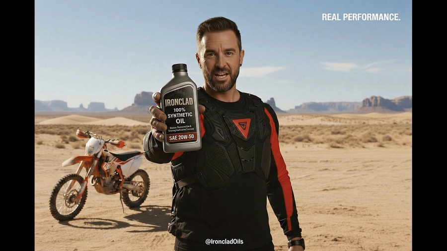 Desert dirtbike with product ad being held up by man to the camera (dirtbike rider) 