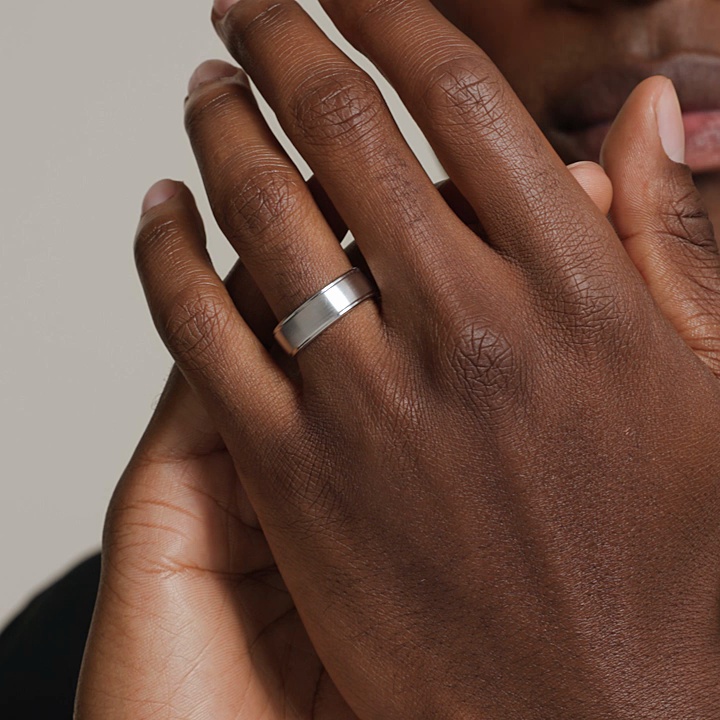 18K White gold 7mm raised edge with milgrain comfort fit men's & women Lime Square Polished and Brushed Band(7mm) - 18K White Gold