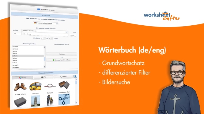 16 - Das Wörterbuch, Grundwortschatz englisch und deutsch mit passender Bildersuche