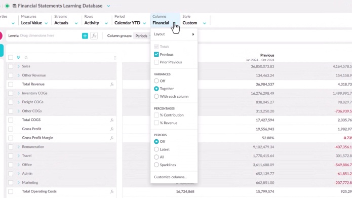 Change your view with the columns menu