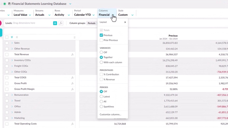 Change your view with the columns menu