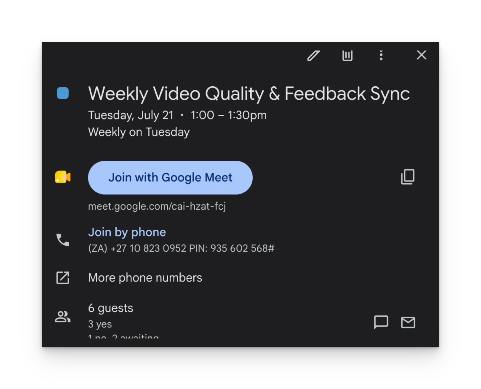Weekly Video Quality and Feedback Sync: team calendar event