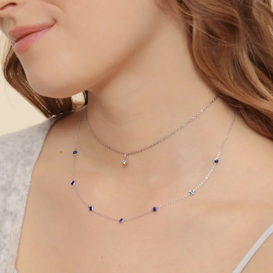 Sapphire Bezel Strand Necklace in 14K White Gold