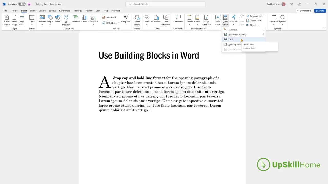 UpSkillHome | Building Blocks Quick Parts In Word