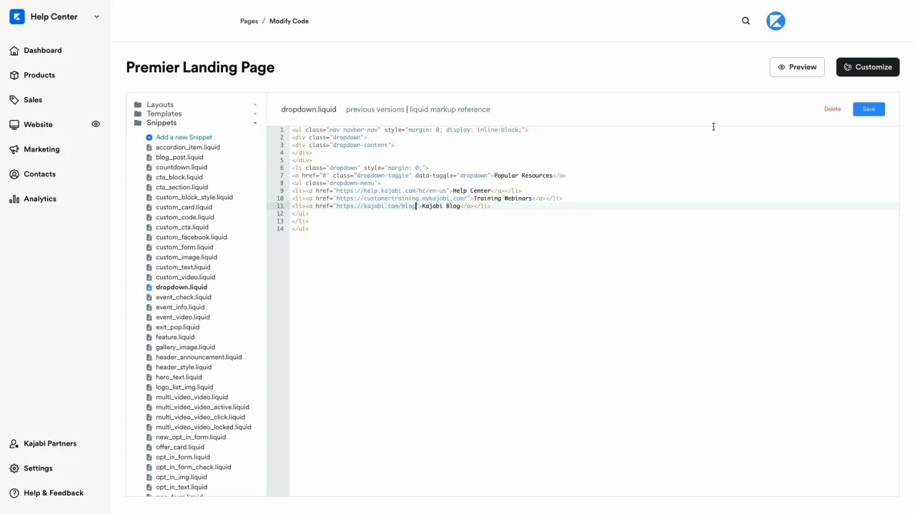 Add a dropdown menu to a header with Premier - Kajabi
