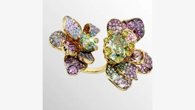 Swarovski ldyllia オープンリング　フラワー　花　イディリア Idyllia open ring, Mixed cuts, Flower, Blue, Gold-tone