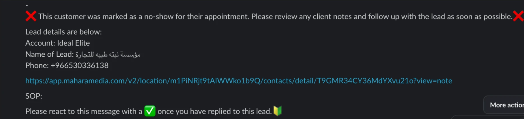 Slack alert: customer marked as no-show, follow up to rebook
