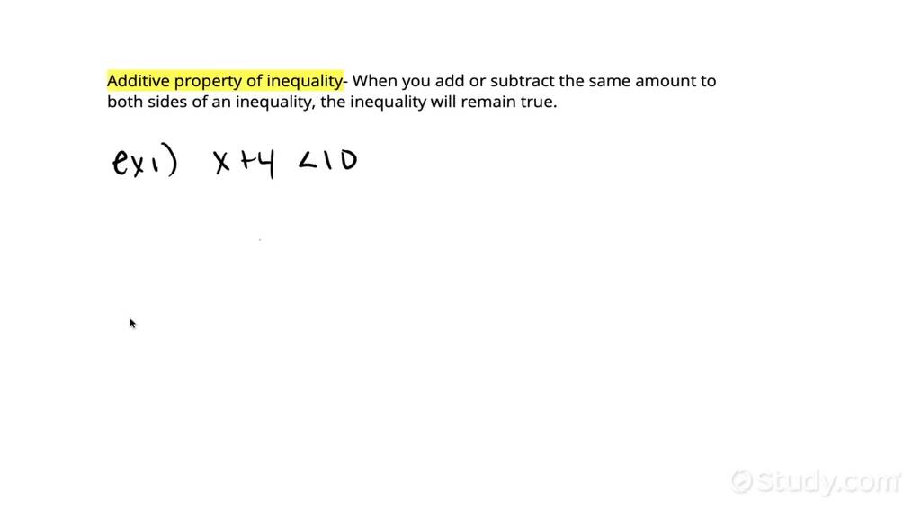 Using the additive property of inequality with whole numbers algebra