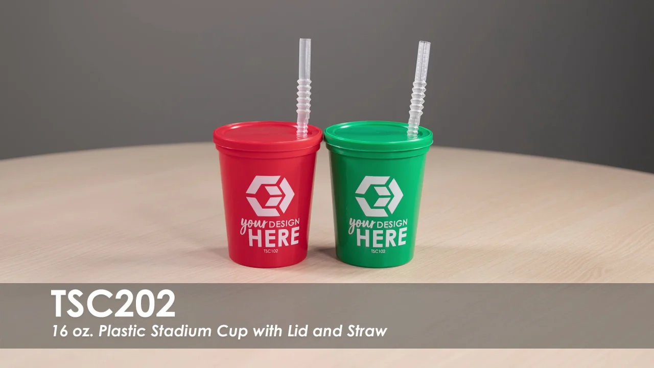 Printed 16oz Plastic Stadium Cups with Lid and Straw