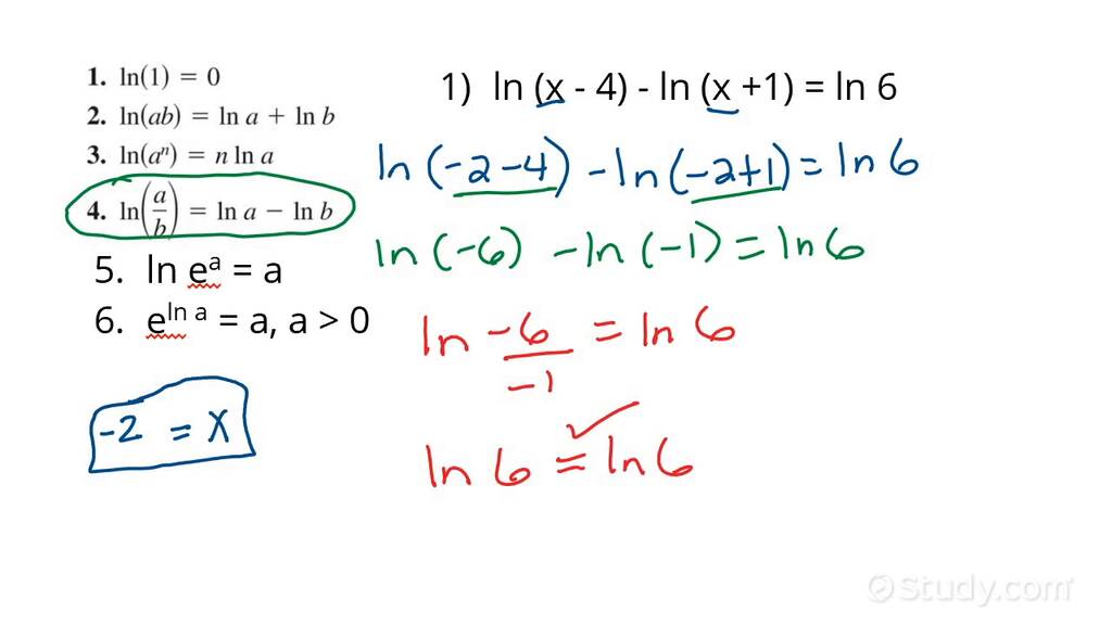 Solving Multi Step Equations Involving Natural Logarithms Precalculus Study Com