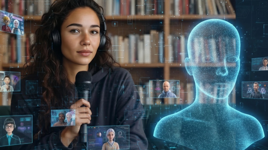 Avatar podcaster in a podcast library room with holographic faces around - AI videos