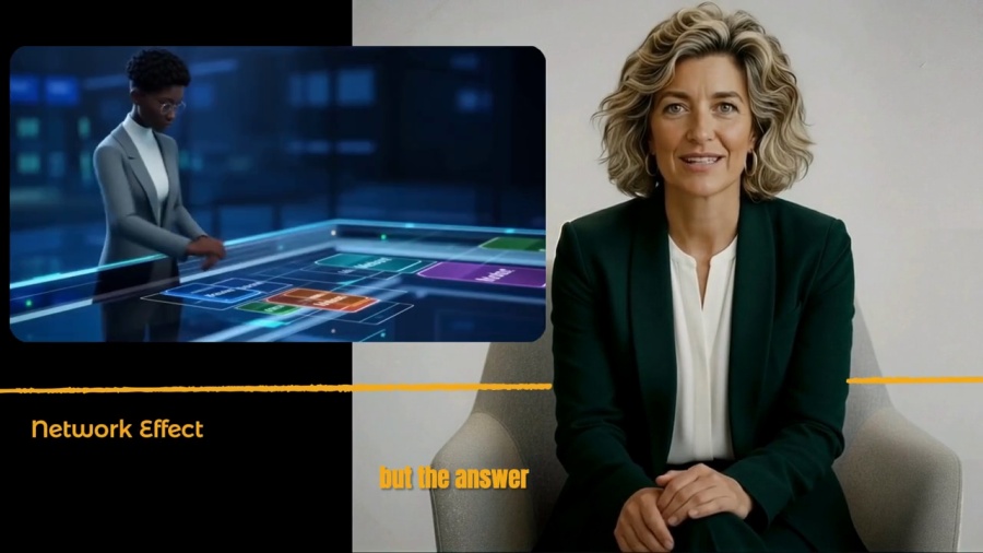 Avatar speaker sitting in an office chair with an animated sub-avatar video inside and timeline as she speaks about how companies and brands can win in AI and for generative engines - AI explainer videos