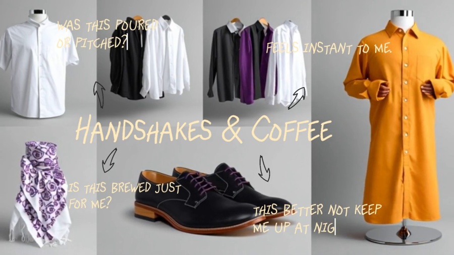 Handshakes and coffee (consumer choices) poster with business attire, shoes and questions floating 