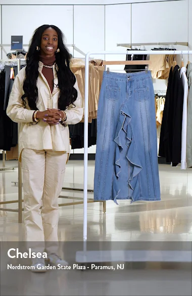 【DIMANCHE】CAKE VOLUME SKIRT EDIKTED Valencia Ruffle Slit Front Denim Maxi Skirt | Nordstrom