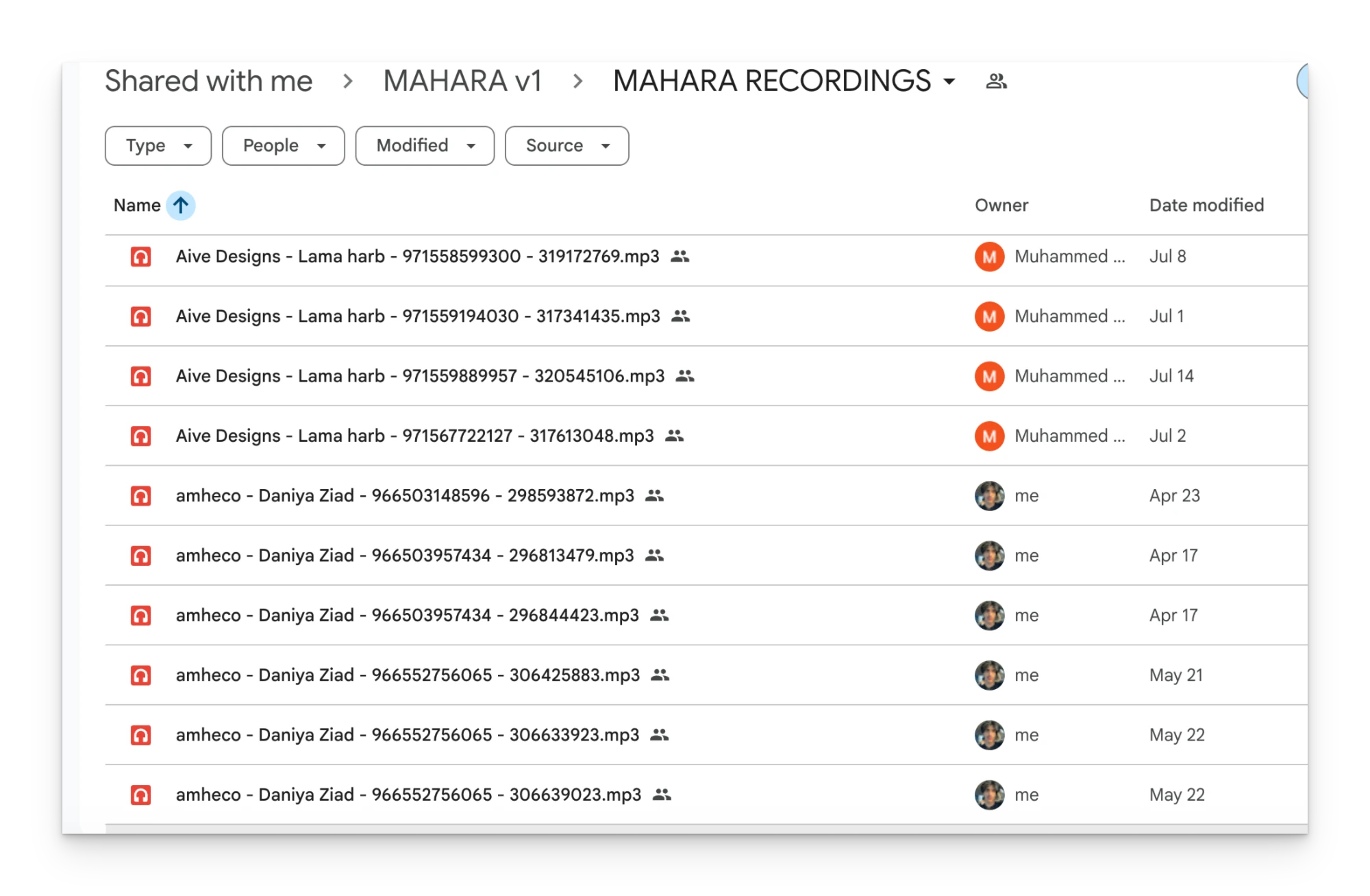 MAHARA RECORDINGS folder on Google Drive: call recordings