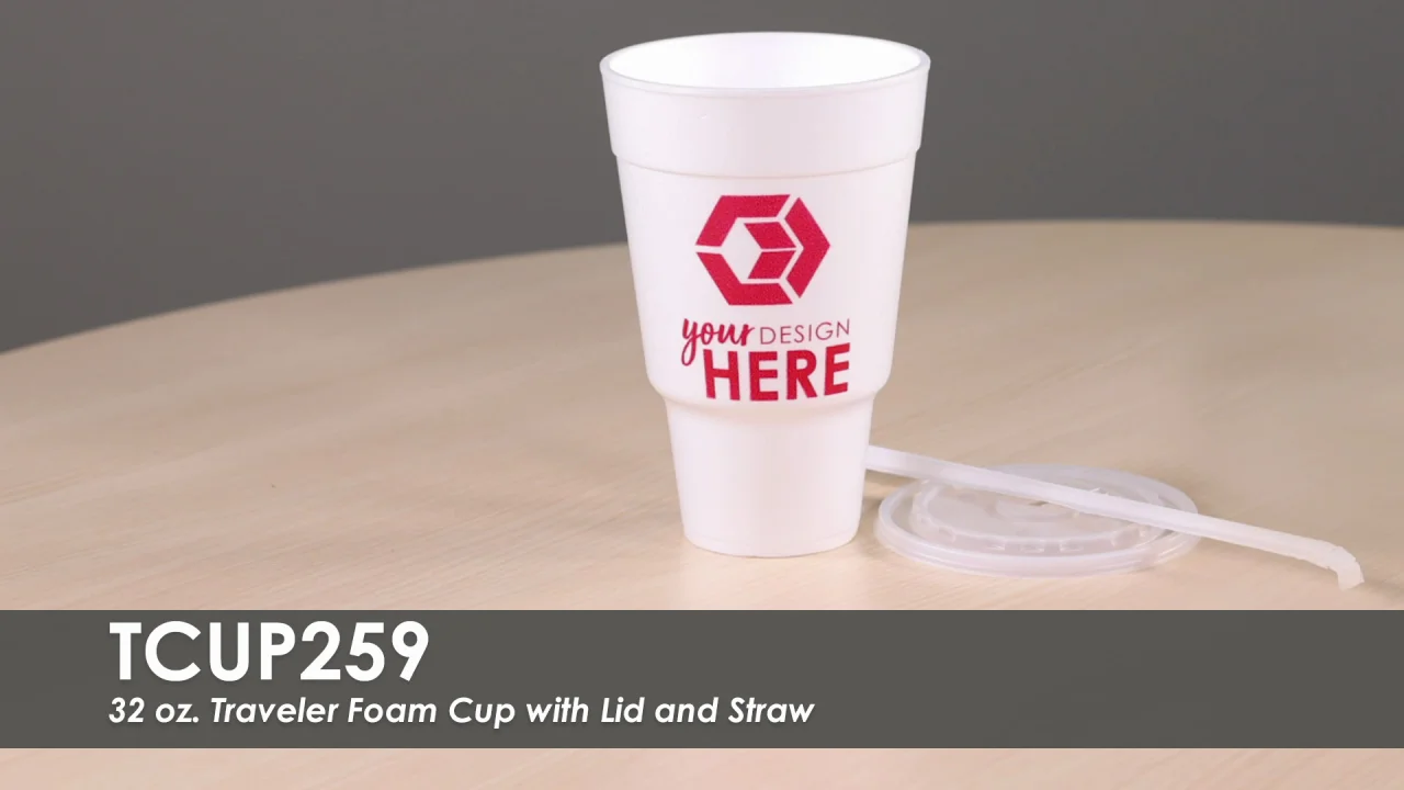 Custom Printed Cups | 32 oz. Traveler Foam Cup with Lid and Straw