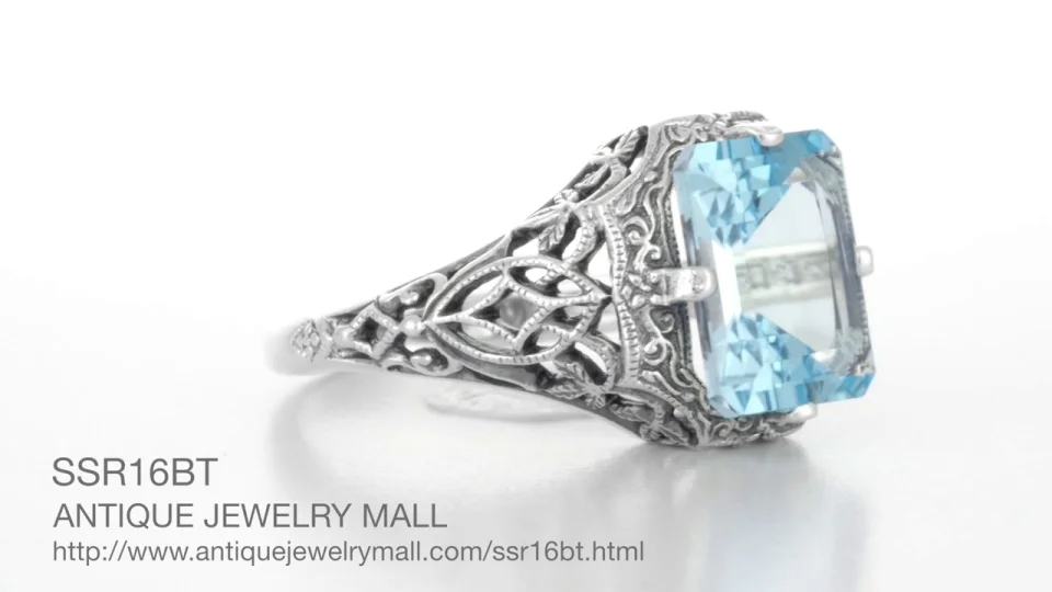 Sterling Silver Art Deco Style 2 Carat Blue Topaz Filigree Ring with Diamond