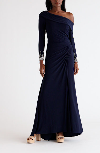 One shoulder shop long sleeve gown