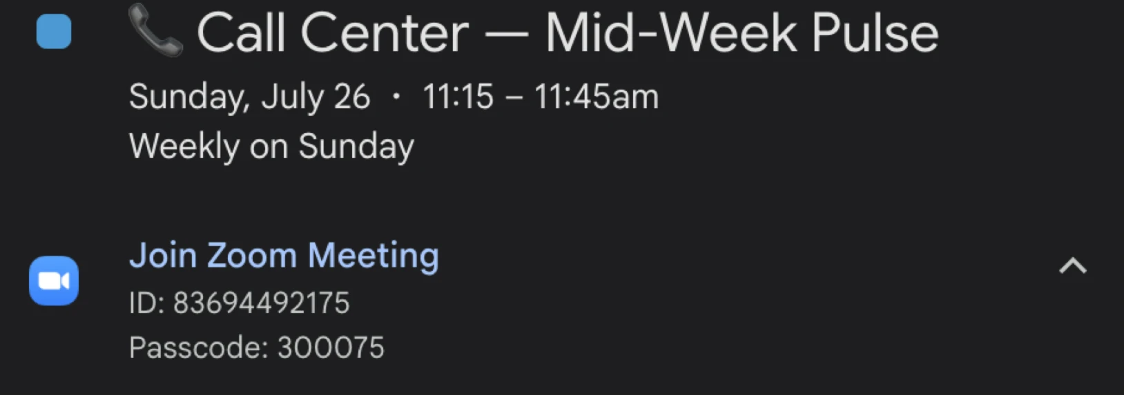 Team calendar: weekly call center sync