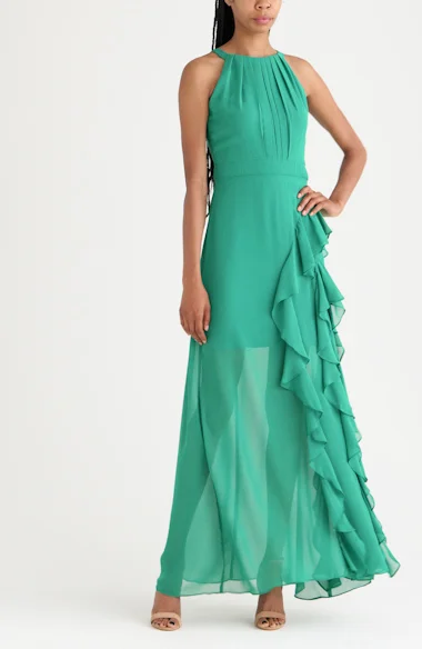 Betsy & adam chiffon ruffle 2024 maxi gown