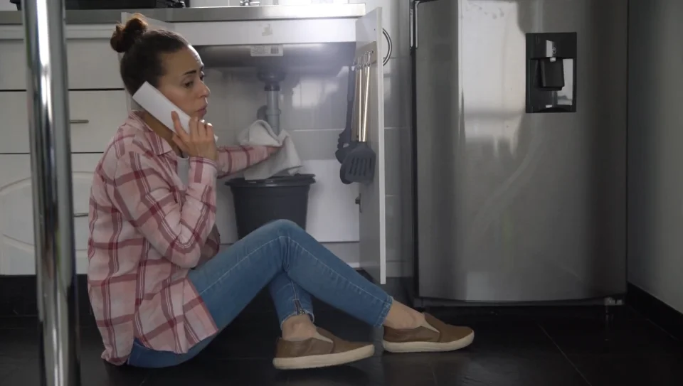 woman speaking on phone with plumber while trying to stop her pipe from leaking