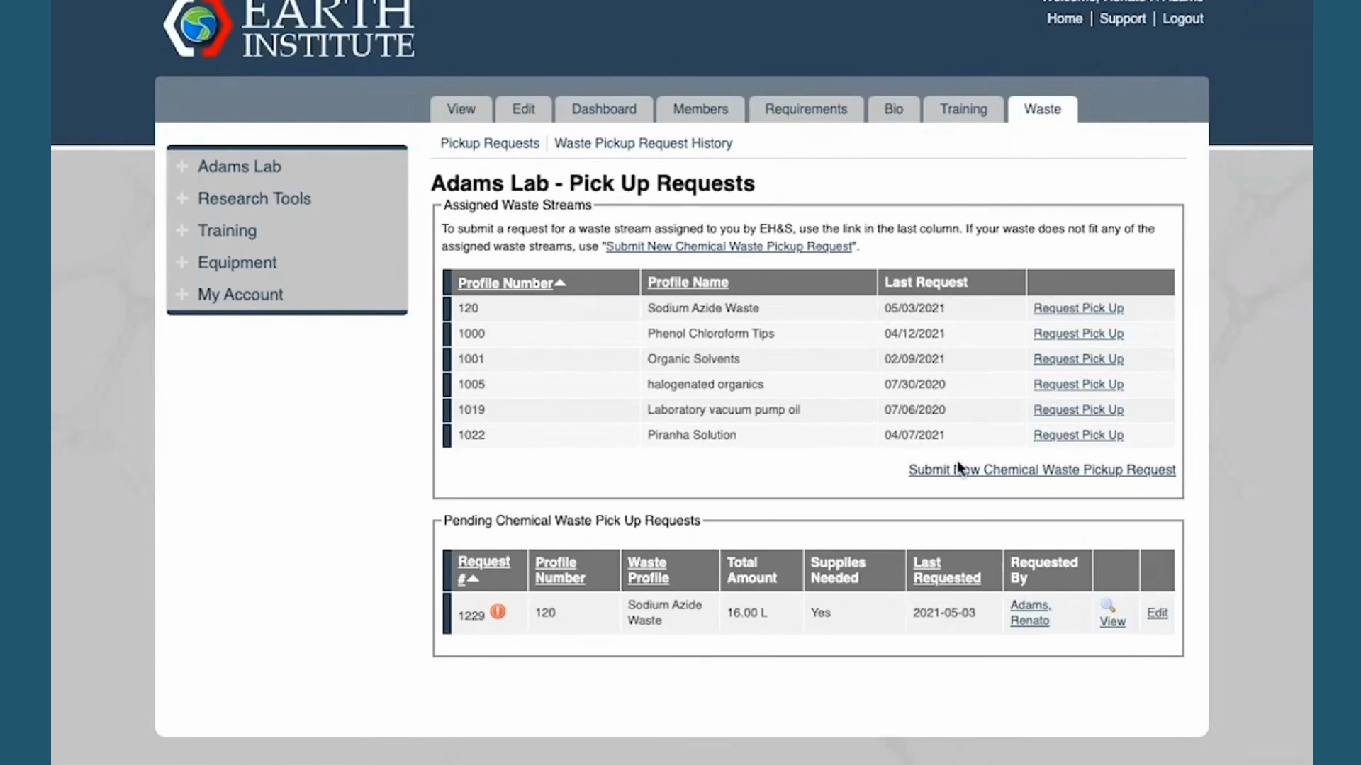 Hazardous Waste Pick Up Requests
