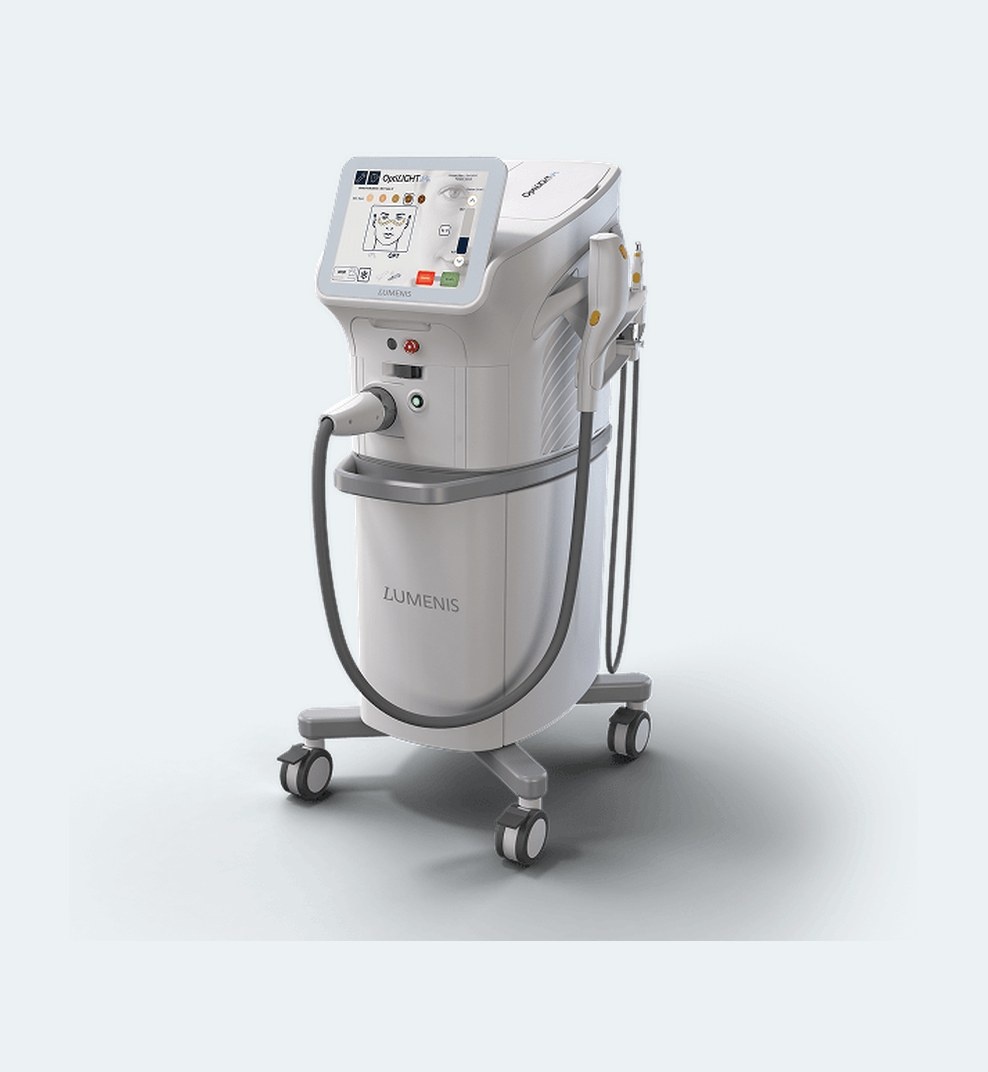 The OptiLight IPL system by Lumenis, a white mobile console with touchscreen and handpieces