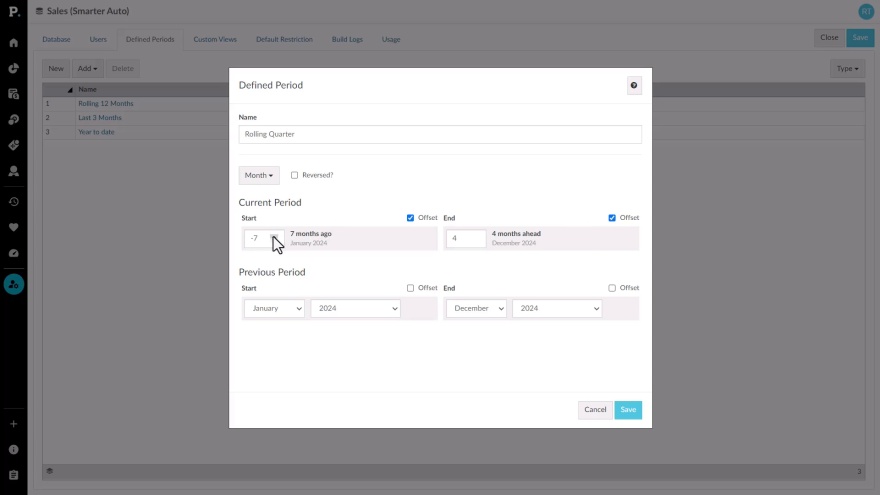 Set defined periods for a database