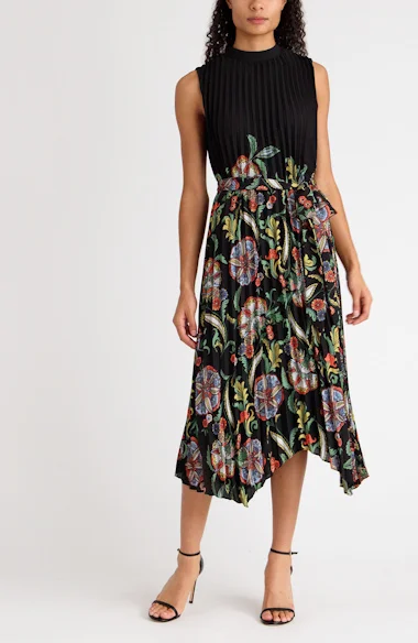 Tahari ASL Paisley Pleated Sleeveless Midi Dress