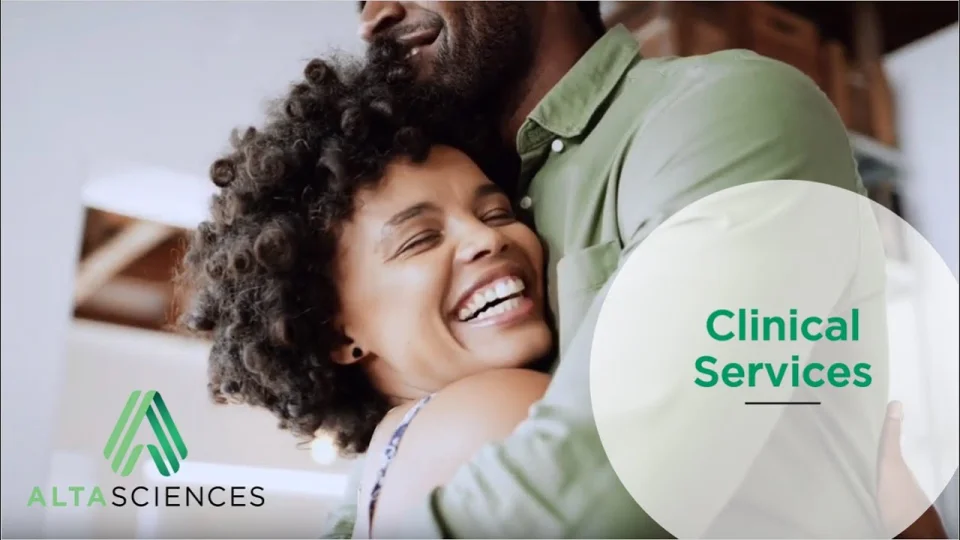 Man and woman hugging with the words "Clinical Services" written across