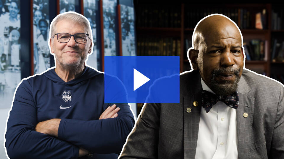 Thumbnail of Coach Geno Auriemma and Dr. Cato T. Laurencin, highlighted with white outline
