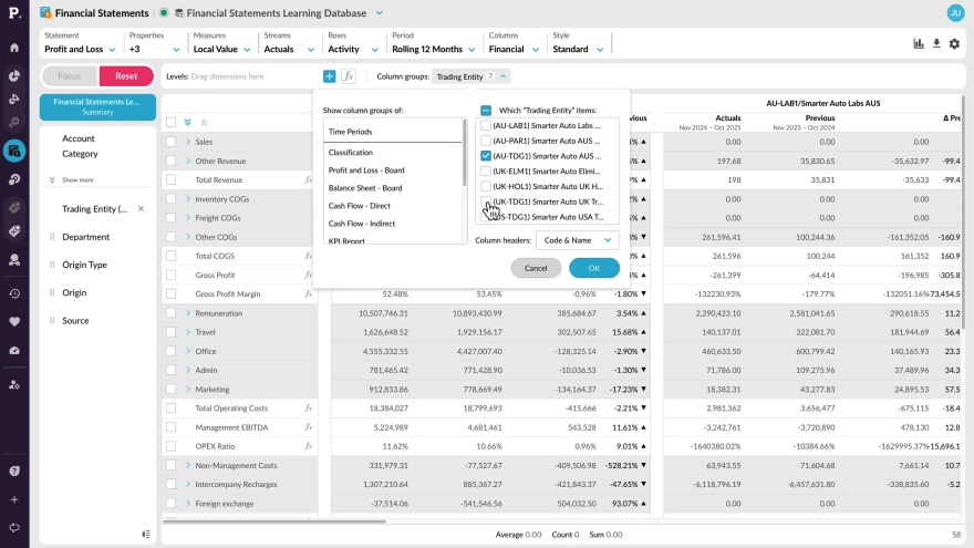View financial information in a matrix (change column groups)