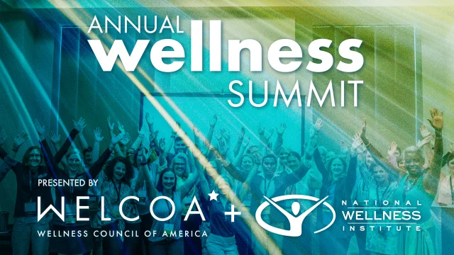 A room of excited people raise their hands above their heads. The Annual Wellness Summit logo is above their heads. The WELCOA and NWI logos are at their feet.