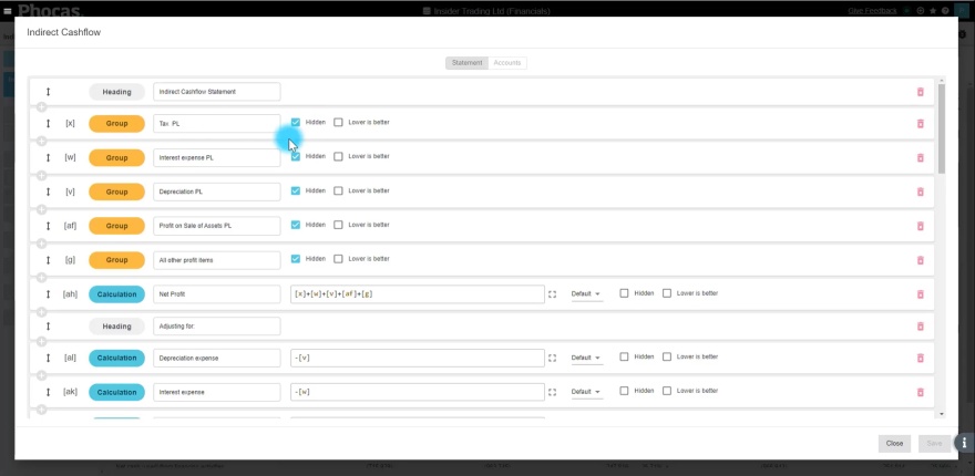 Create an indirect Cash Flow statement using 'hide rows'