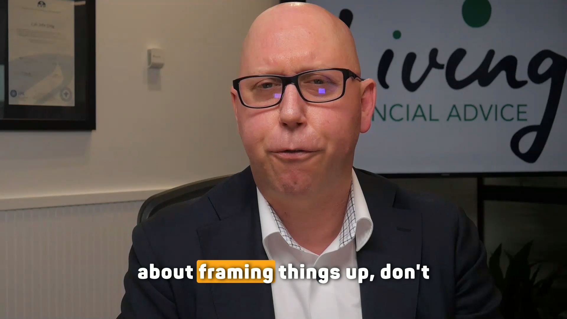 Lyle Greig in his office at Living Financial Advice, play his interview from 0:44