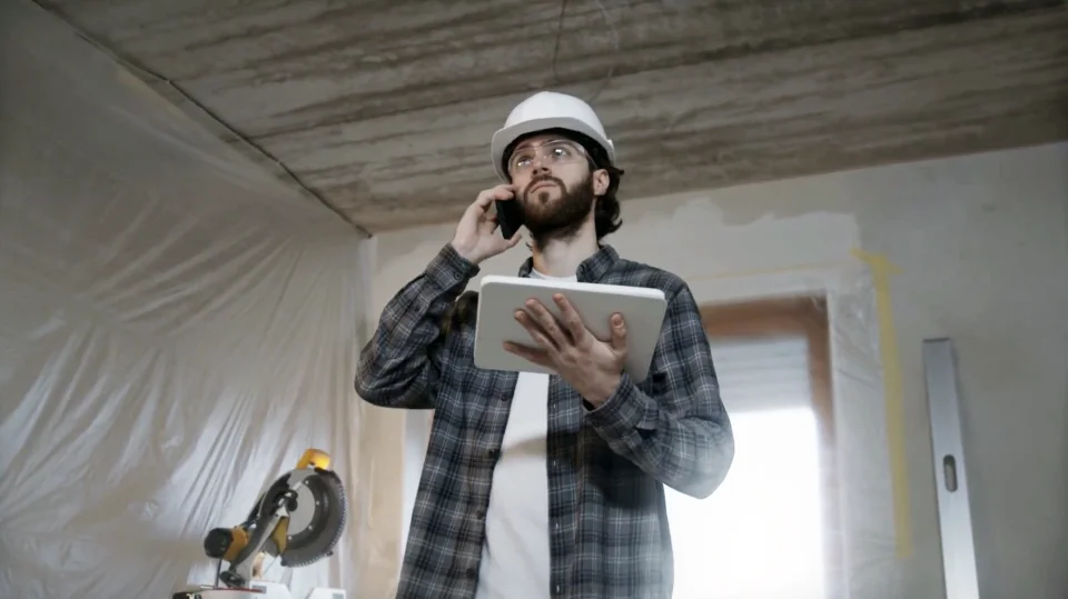 contractor talking on his phone while holding a tablet