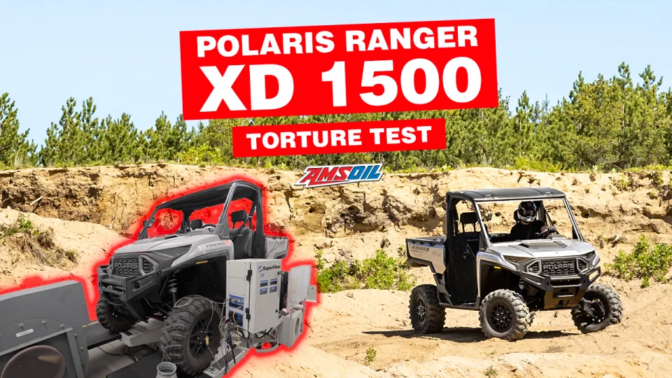 Two images, one is a Polaris Ranger XD sitting in a sand pit parked with a driver in it.  The other, is the same Polaris Ranger XD running on a dyno.  Image text says "Polaris Ranger XD 1500 Torture Test"
