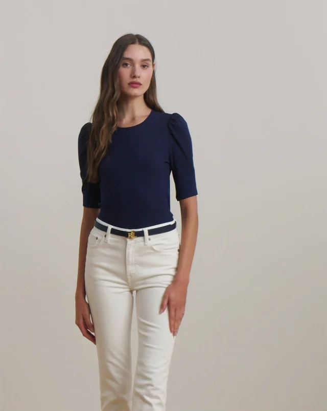 ◆RONRON◆ STRING RIBBON PUFF SLEEVE TSHIRT NAVY BLUE Lauren Ralph Lauren Puff Sleeve Rib Knit Top | Nordstrom