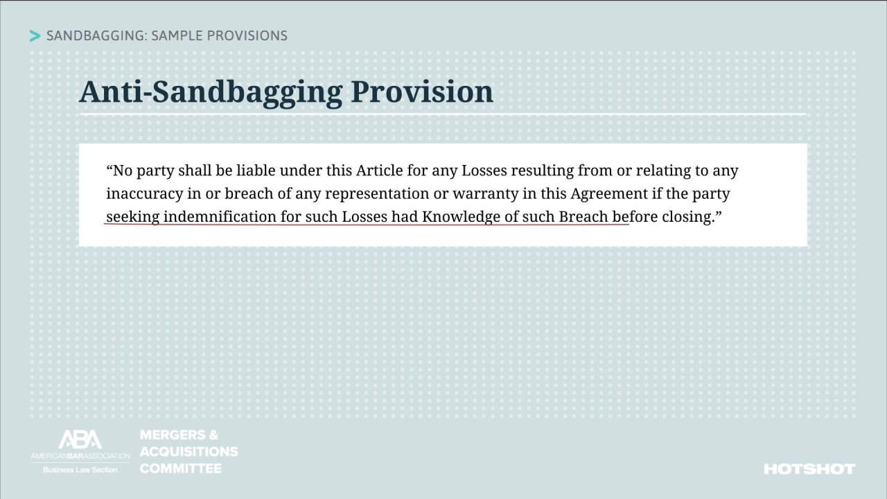 Sandbagging: Sample Provisions - M&A Provisions