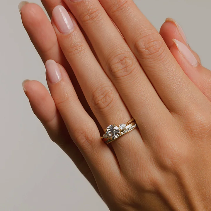 18K Yellow Gold Adorned Petite Opera Three Stone Diamond Ring