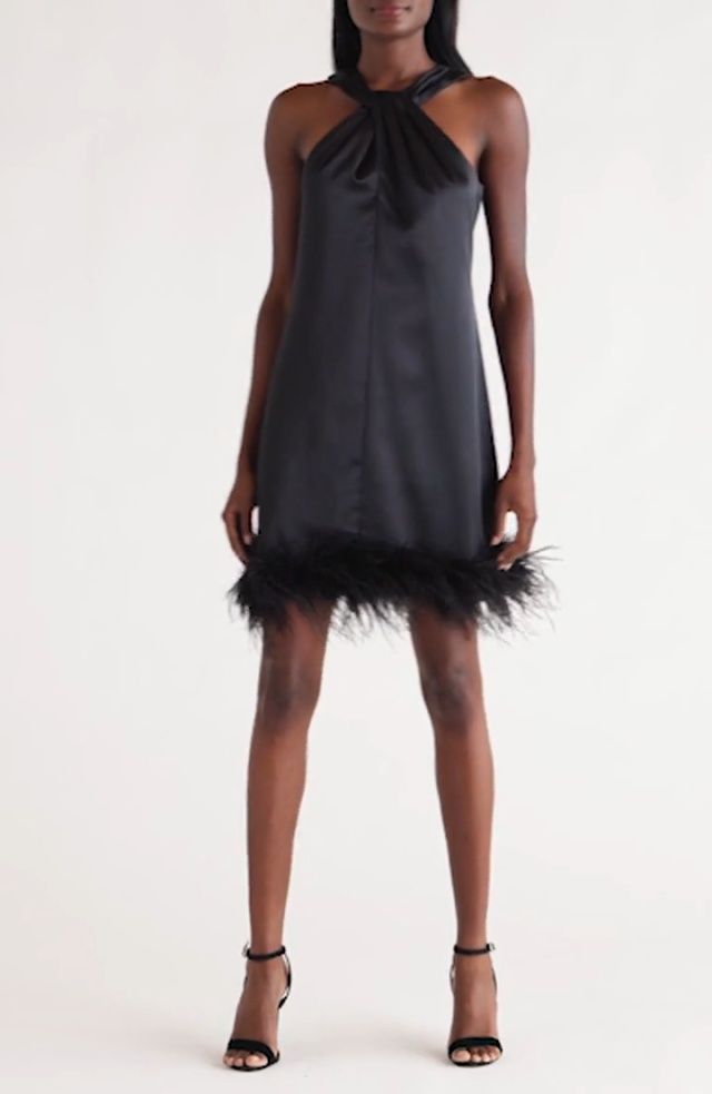halter neck feather trim cocktail dress Black High Neck Feather Trim Dress