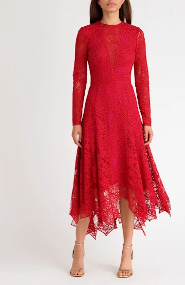 Tadashi Shoji Long Sleeve Lace Handkerchief Hem Midi Dress Nordstrom